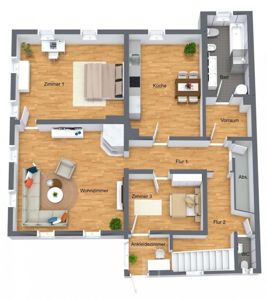 3D Grundriss 1. OG Mehrfamilienhaus Bad Liebenzell